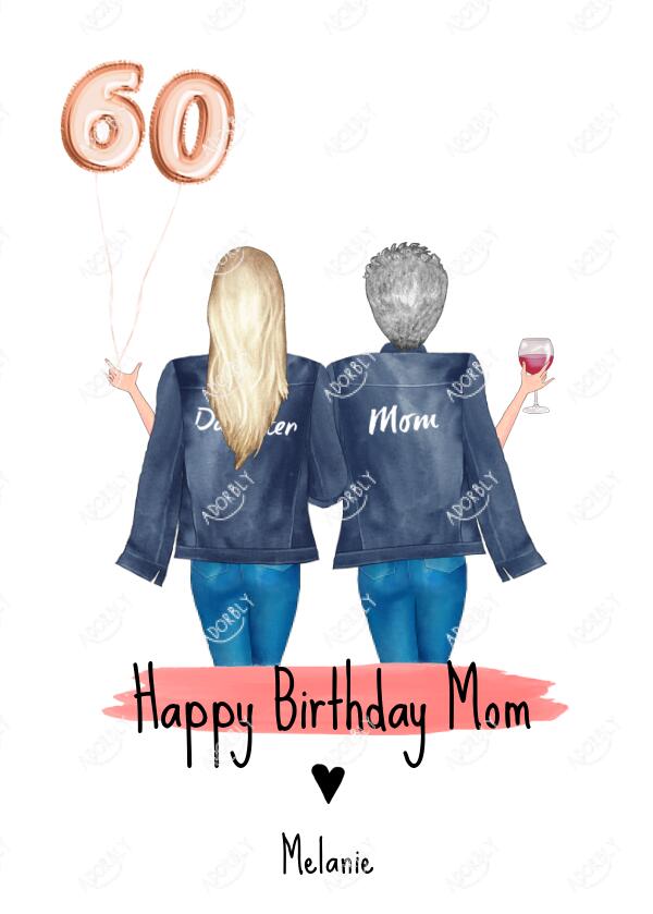 Happy Birthday Mom in Jackets Holding Balloons - Personalized Birthday Card