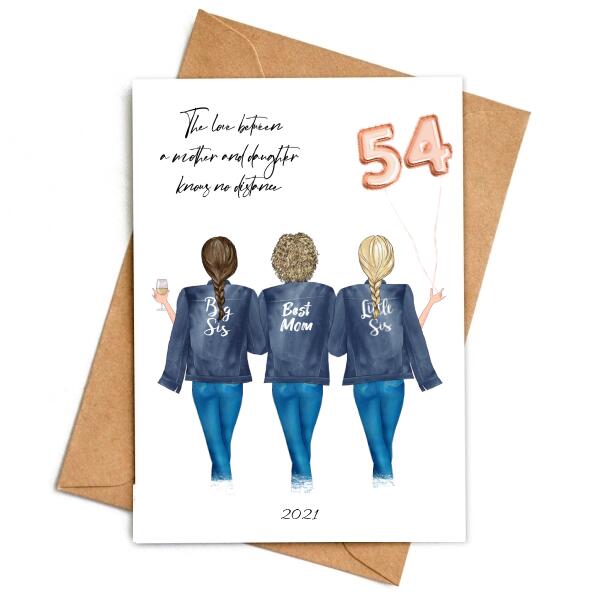 Happy Birthday Mom From 2 Daughters in Jackets with Balloons - Personalized Birthday Card