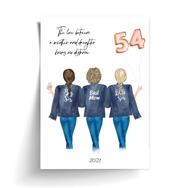 Happy Birthday Mom From 2 Daughters in Jackets with Balloons - Personalized Birthday Card