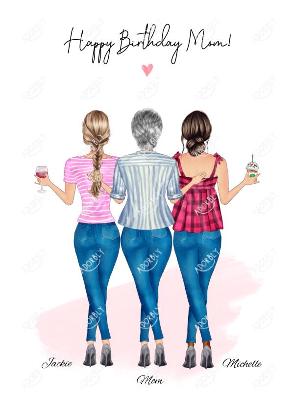 Happy Birthday Mom From 2 Daughters in Jeans - Personalized Birthday Card