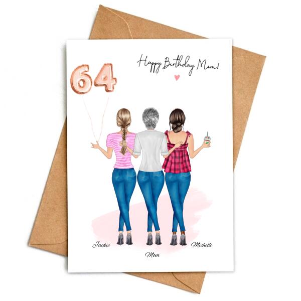 Happy Birthday Mom From 2 Daughters in Jeans with Balloons - Personalized Birthday Card