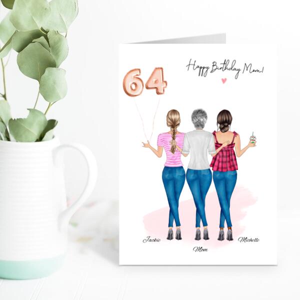 Happy Birthday Mom From 2 Daughters in Jeans with Balloons - Personalized Birthday Card