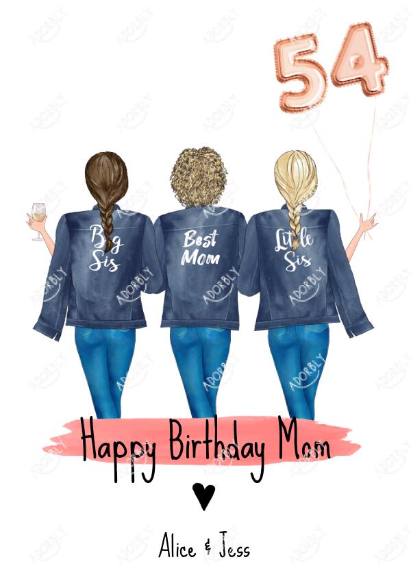 Happy Birthday Mom From 2 Daughters Holding Balloons - Personalized Birthday Card