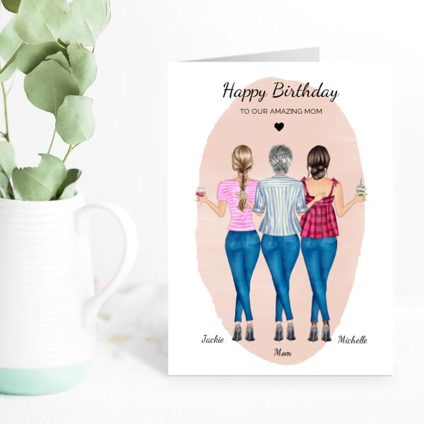 Happy Birthday Mom From 2 Daughters Pink Blush - Personalized Birthday Card