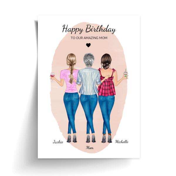 Happy Birthday Mom From 2 Daughters Pink Blush - Personalized Birthday Card