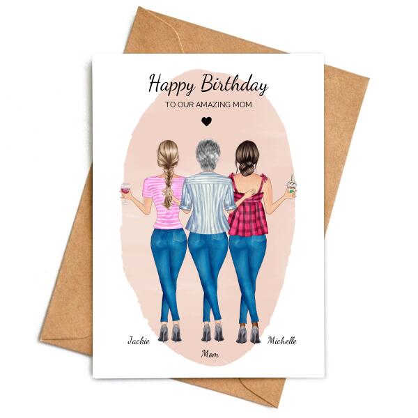 Happy Birthday Mom From 2 Daughters Pink Blush - Personalized Birthday Card