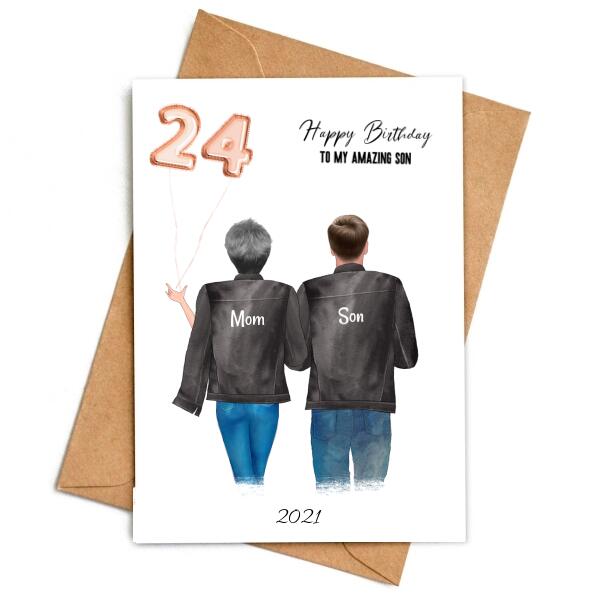 Happy Birthday Son From Mom Holding Balloons - Personalized Birthday Card