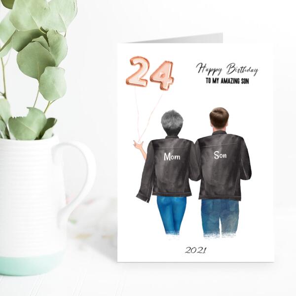 Happy Birthday Son From Mom Holding Balloons - Personalized Birthday Card
