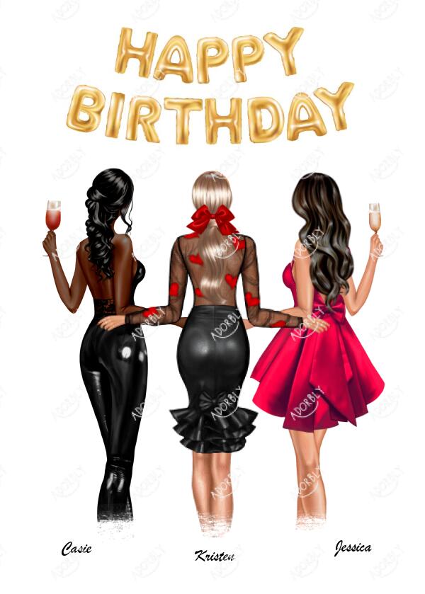 Glam Birthday 3 Friends - Personalized Birthday Card