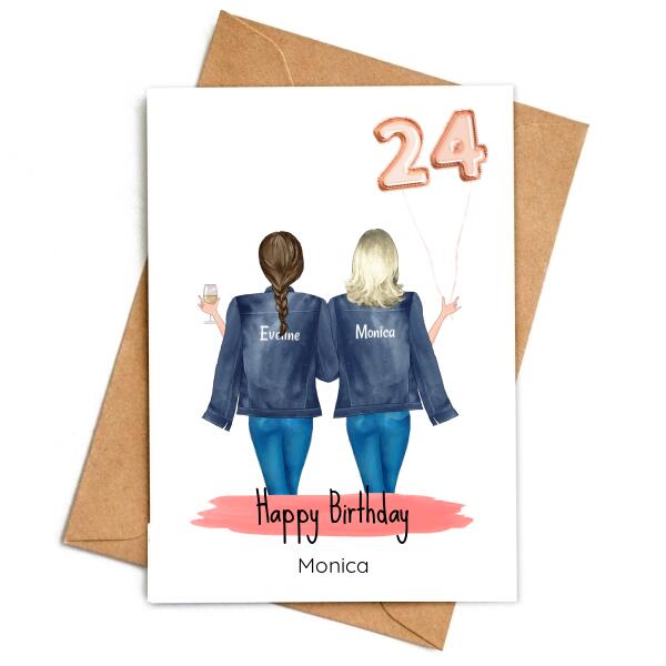Birthday Friends in Jackets Holding Balloons - Personalized Birthday Card