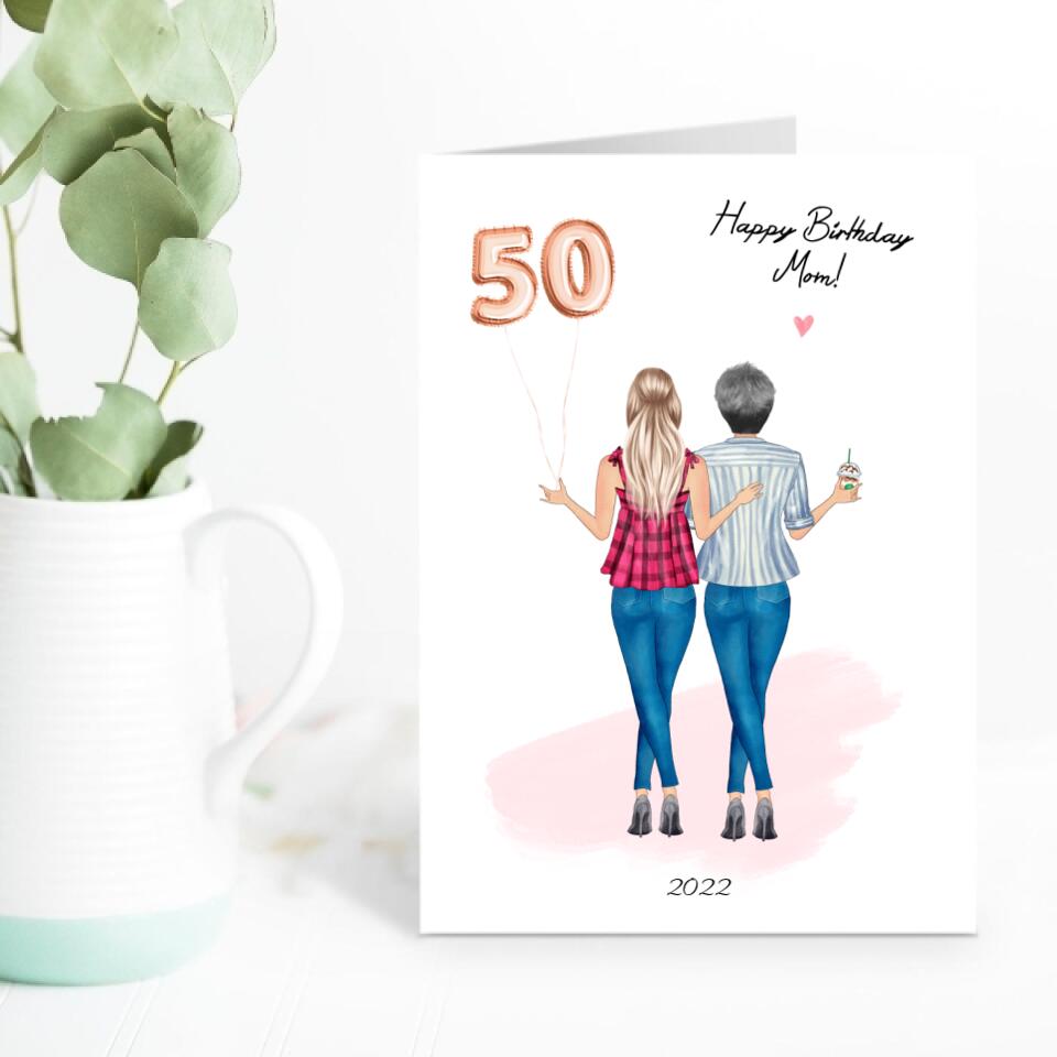 Happy Birthday Mom in Jeans with Balloons - Personalized Birthday Card