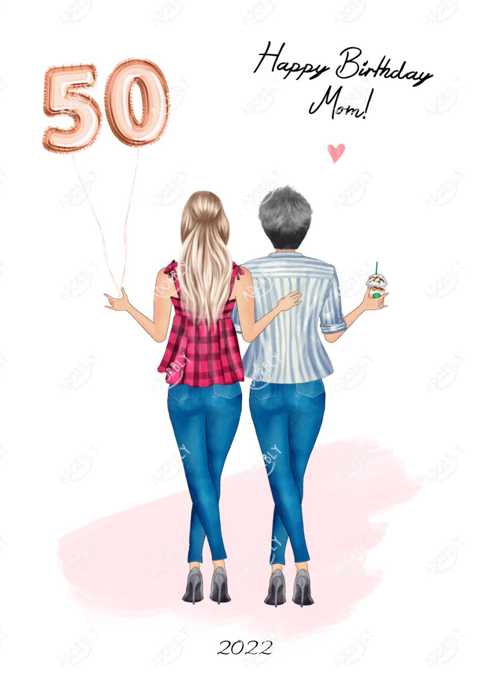 Happy Birthday Mom in Jeans with Balloons - Personalized Birthday Card